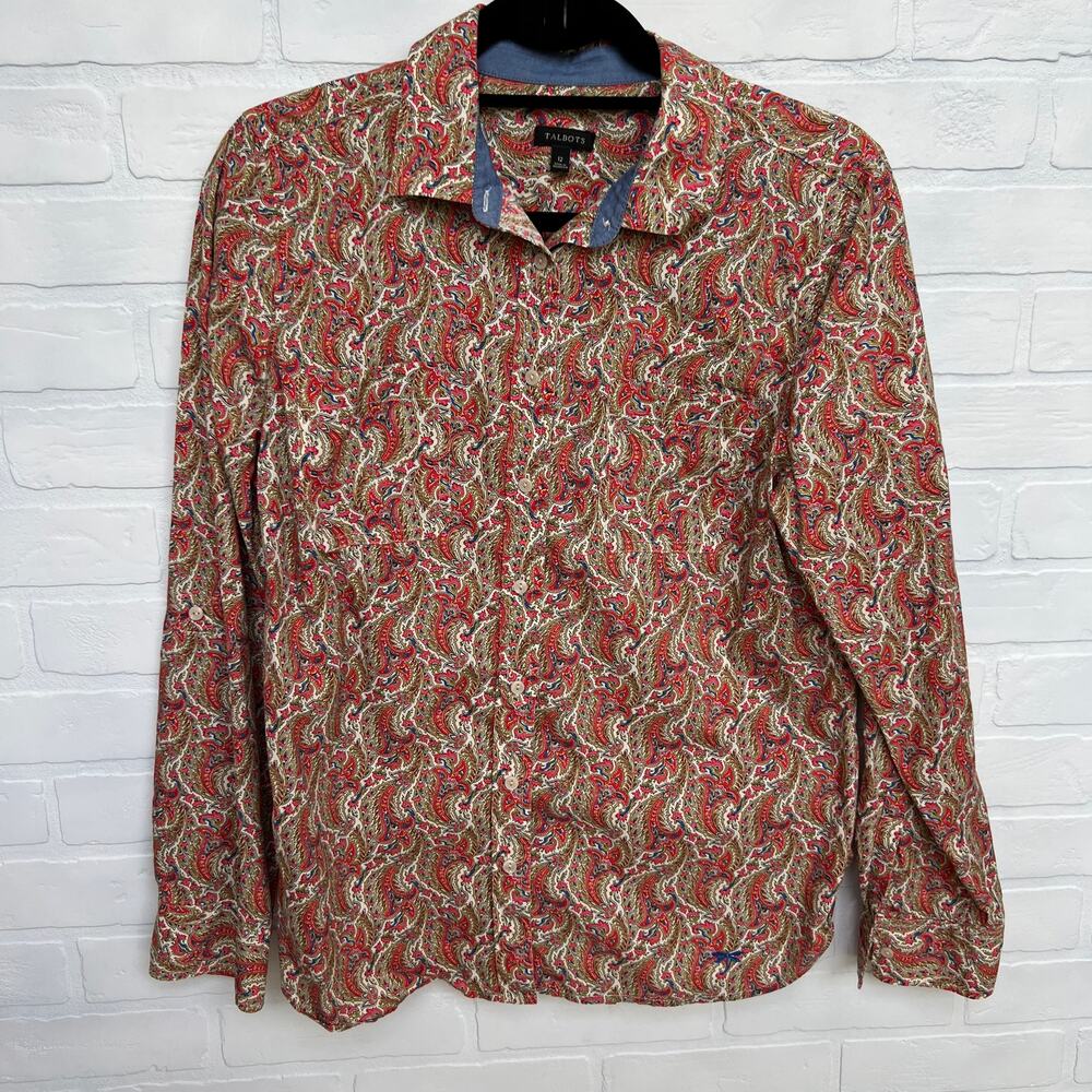 Talbots Women's Pink and Blue Paisley Print Cotton Button Down Top-sz 12